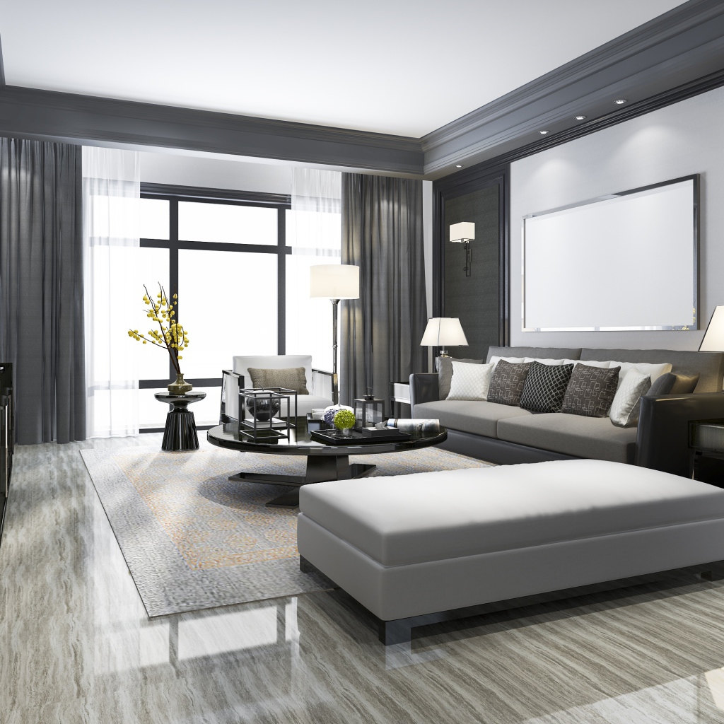 Серая мебель в гостиной  комнате с большим окном