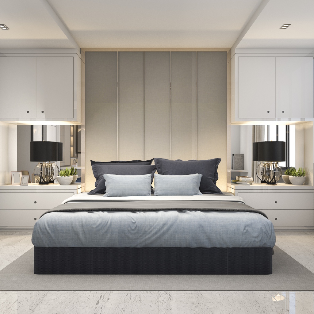 Большая двуспальная кровать в серой спальне