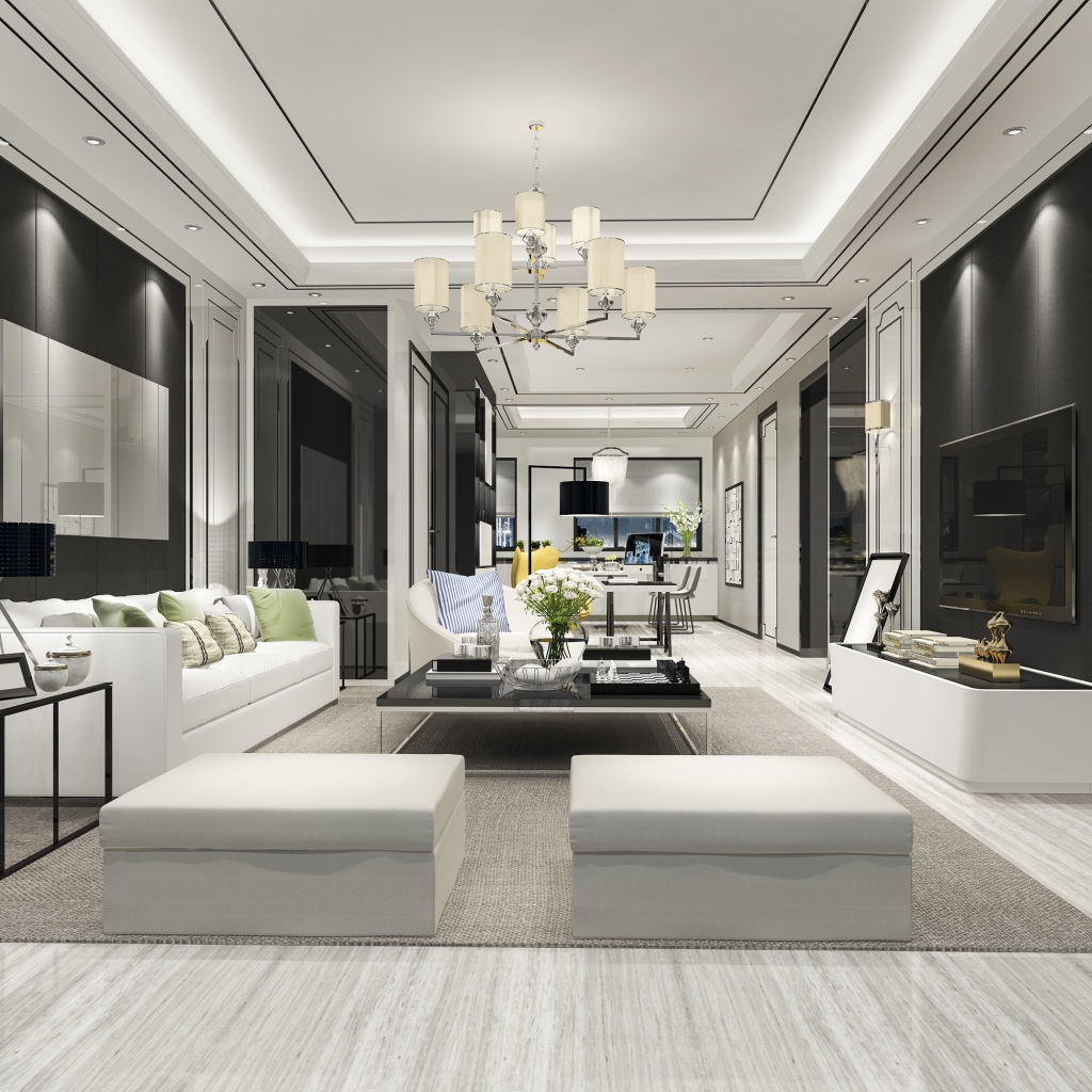 Большая просторная гостиная комната с белой кожаной мебелью