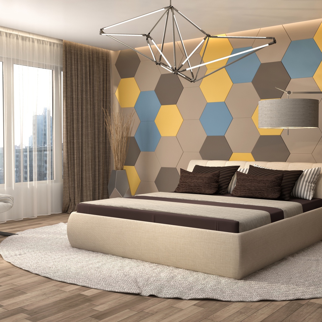 Спальная комната в стиле минимализм с большой кроватью 