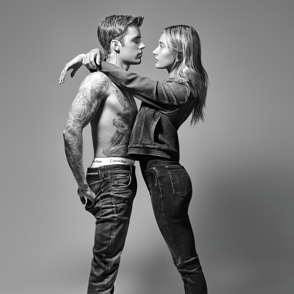 Model Hayley Baldwin and singer Justin Bieber on a gray background