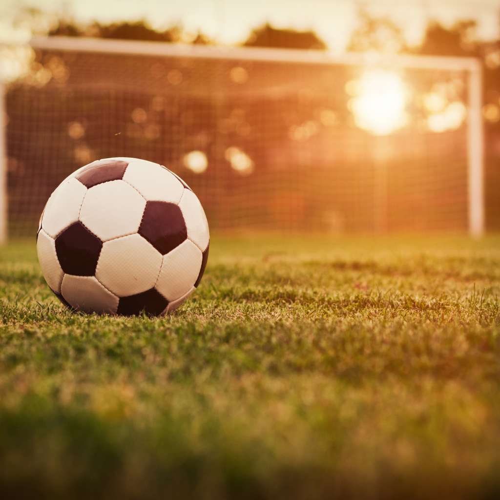 Футбольный мяч лежит на поле у ворот