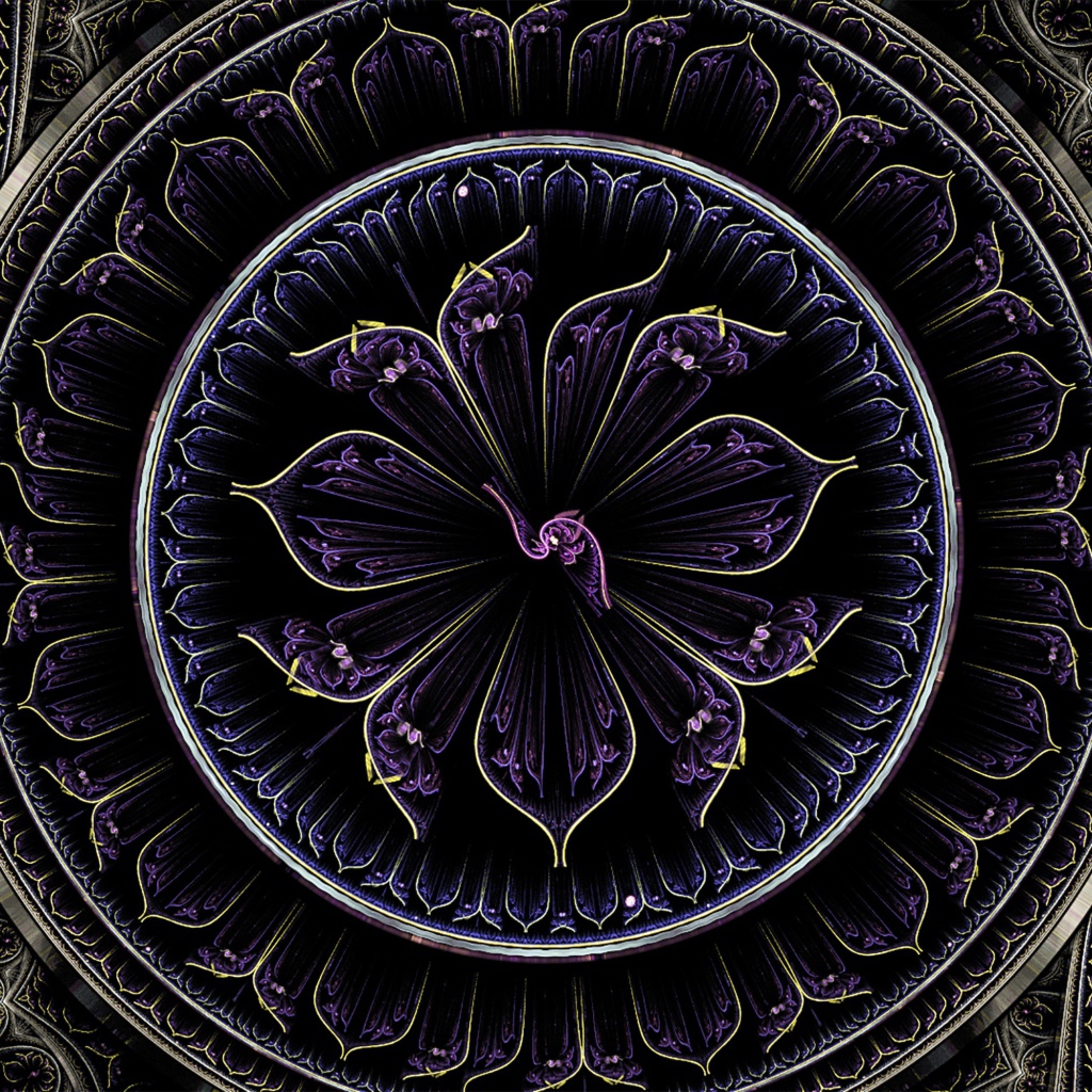 Красивый фиолетовый фрактальный рисунок с золотыми линиями