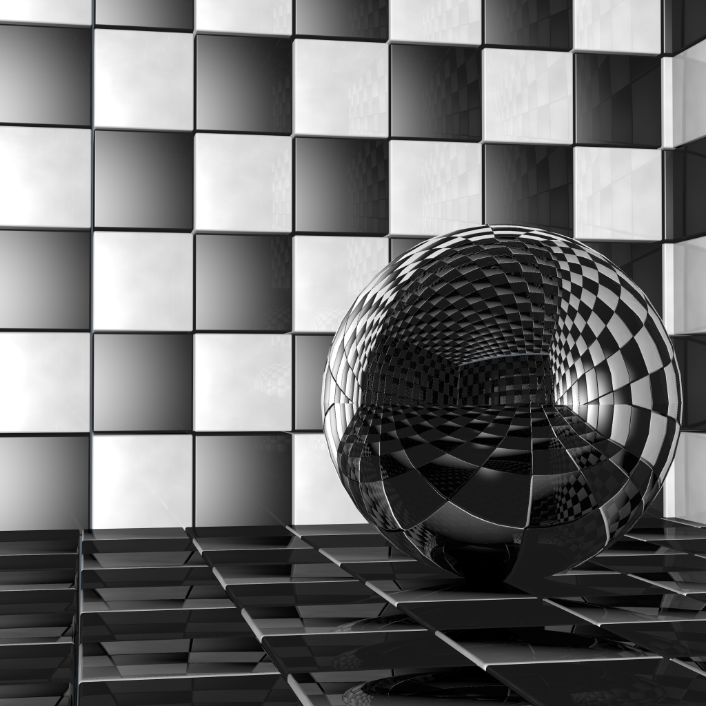 Стеклянный шар в комнате с черно-белыми стенами 3д графика