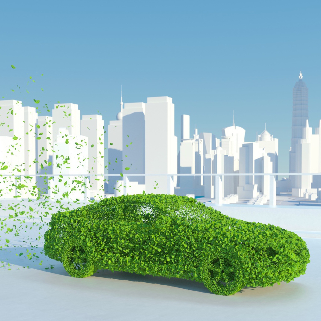 Зеленый автомобиль из листьев на фоне города 3д модель
