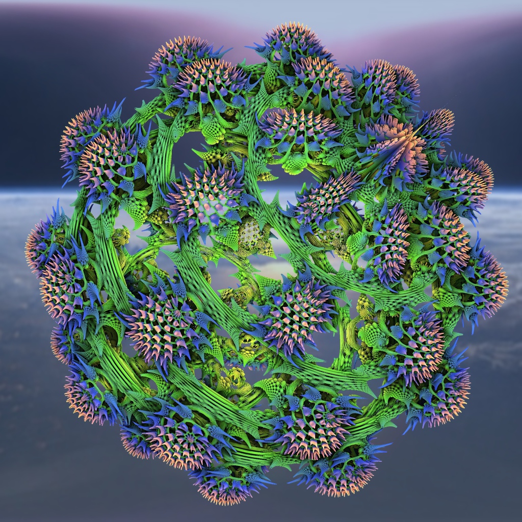 Большой колючий фрактальный цветок на сером фоне