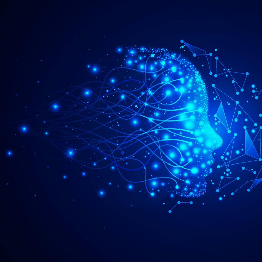 Неоновое лицо с точками на синем фоне 