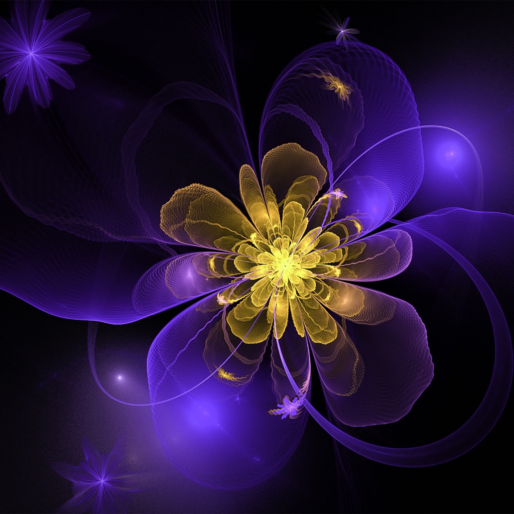 Фиолетовый фрактал с желтой серединой на черном фоне