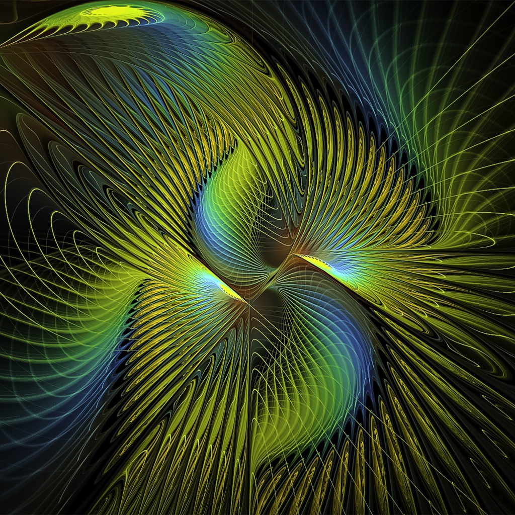 Переливающийся волнистый фрактальный узор на черном фоне