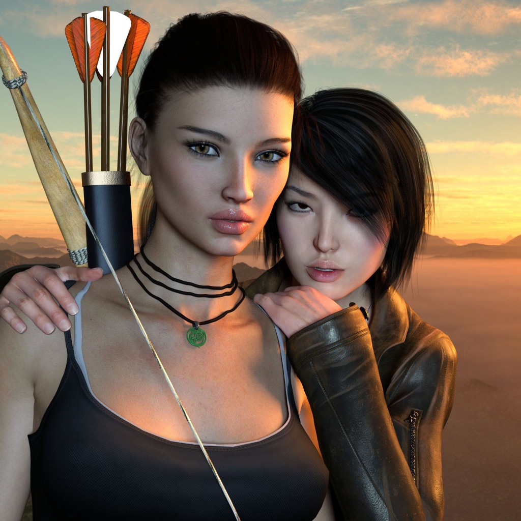 Две 3д девушки с луком и стрелами