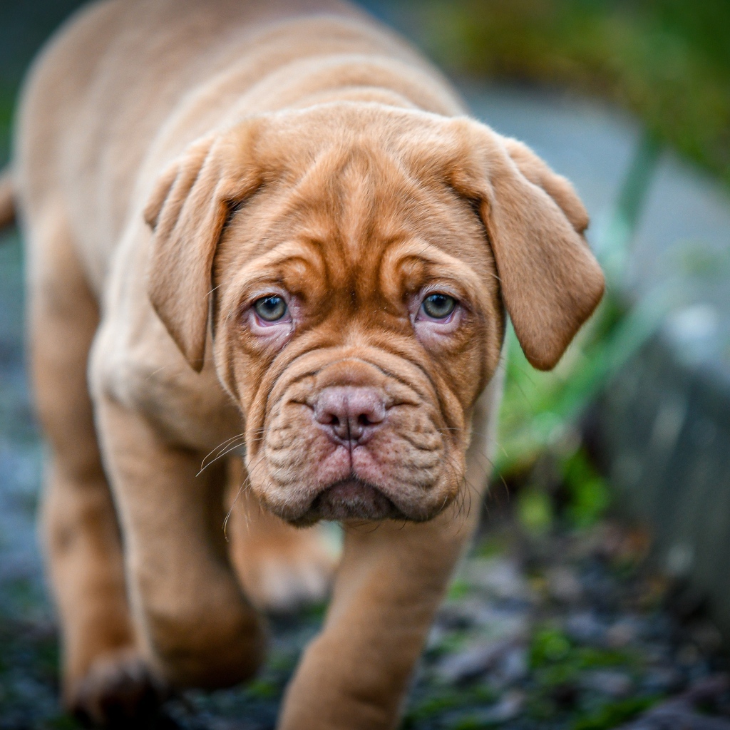 Маленький коричневый щенок бордоского дога 