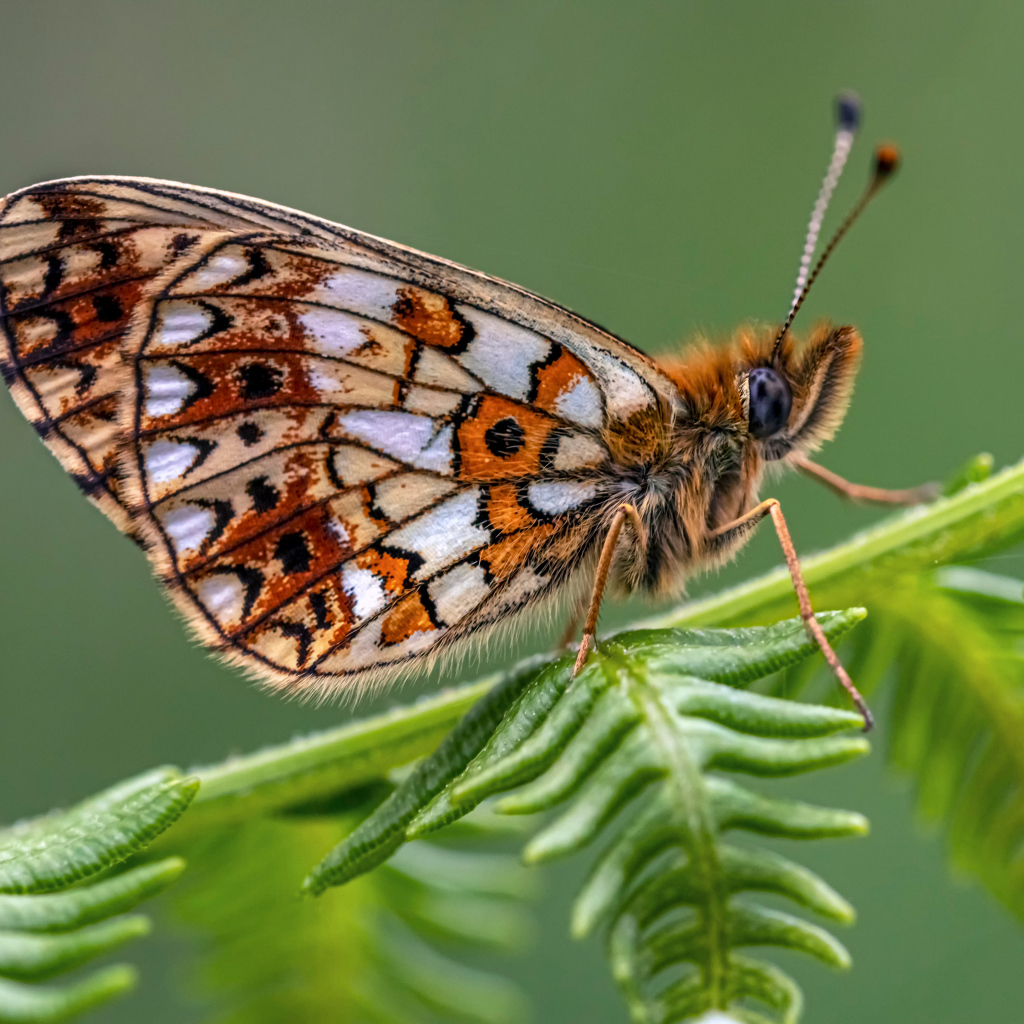 Коричневая бабочка сидит на зеленом листе 