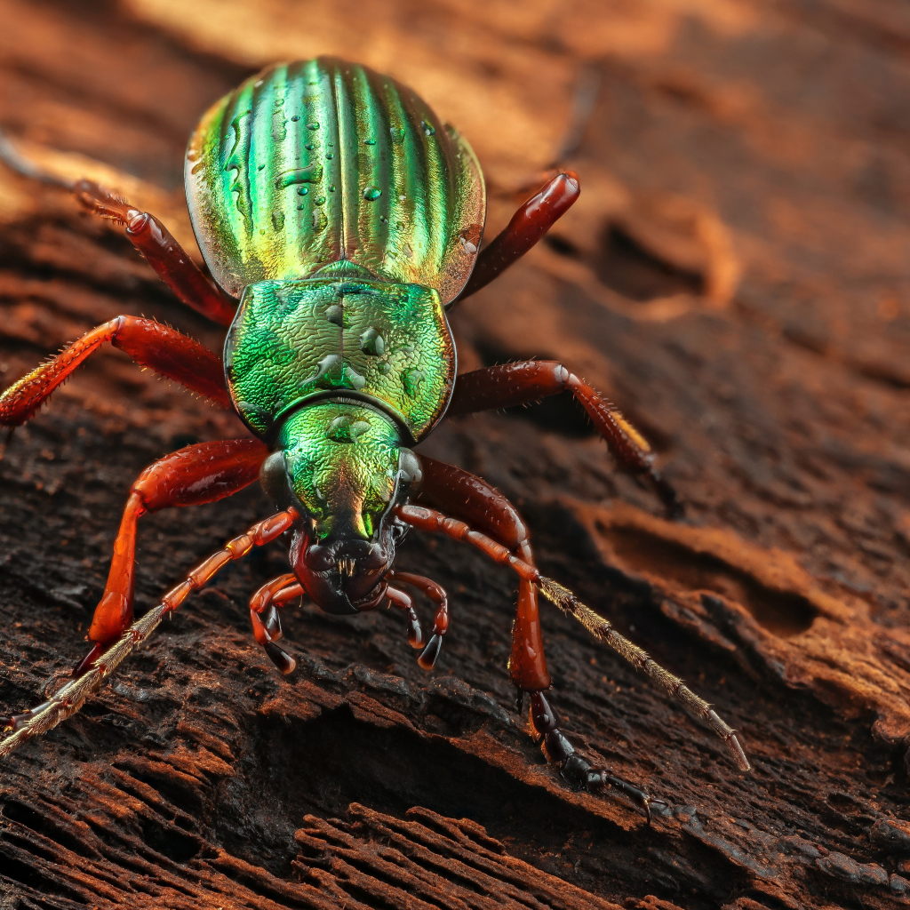 Большой зеленый жук Жужелица сидит на коряге