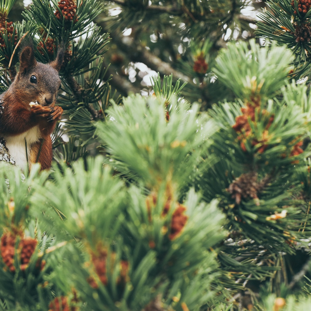 Squirrel gnaws a nut on a pine branch