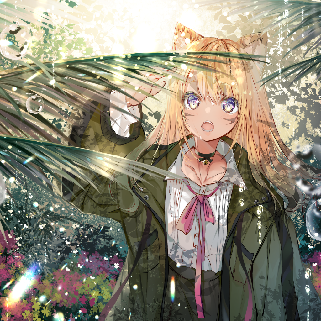 Аниме девушка в зеленых листьях папоротника