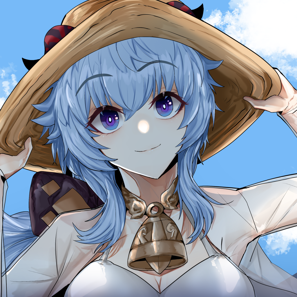 Девушка аниме с голубыми волосами в шляпе