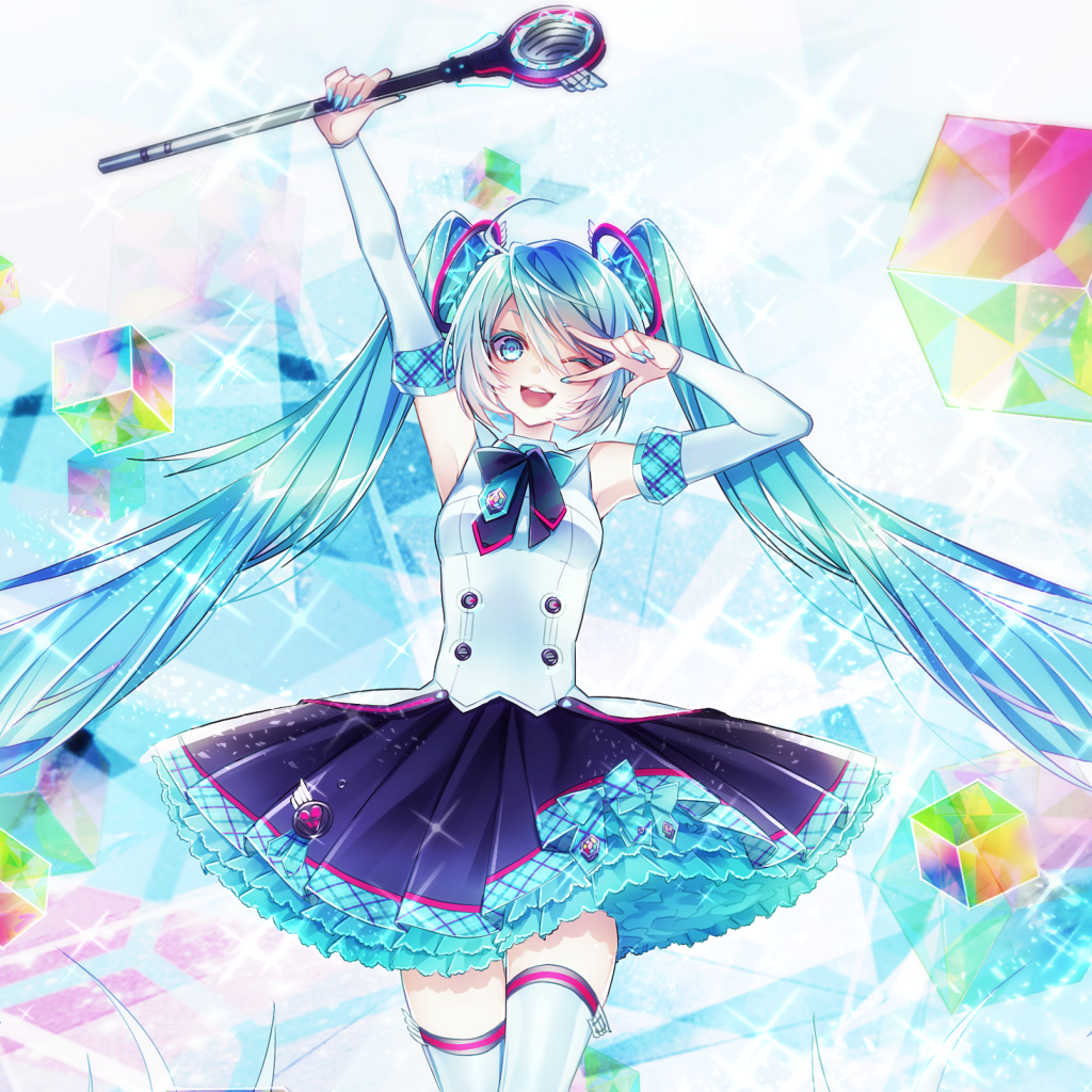 Девушка аниме с голубыми волосами с кристаллами