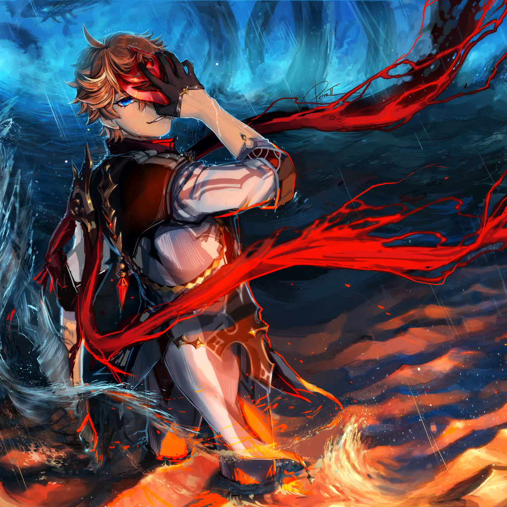 Мужчина аниме закрыл лицо рукой в воде