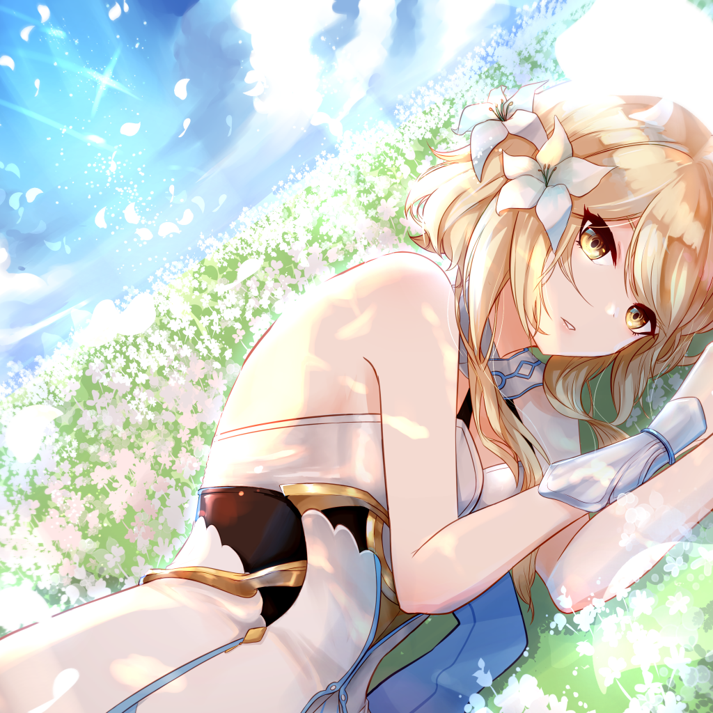 Красивая девушка аниме с цветами в волосах