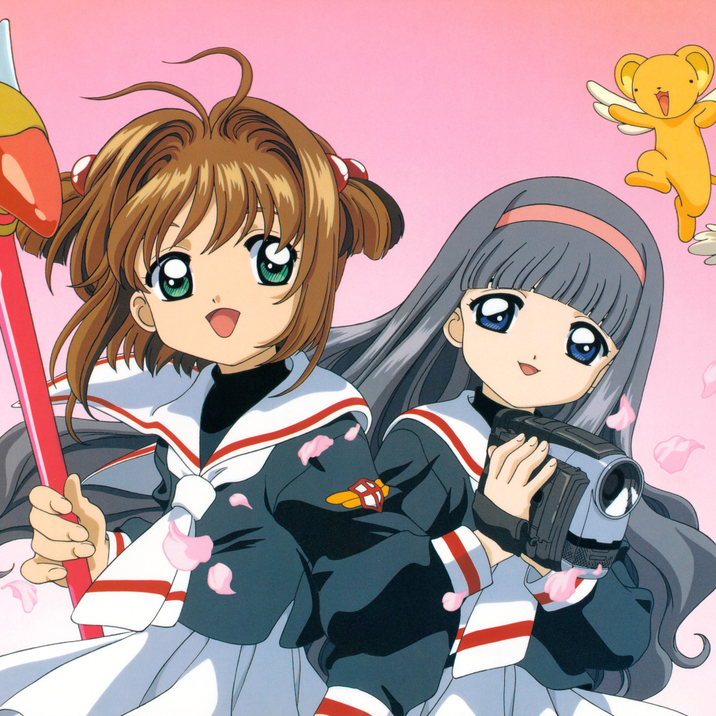 Две девушки аниме с камерой на розовом фоне