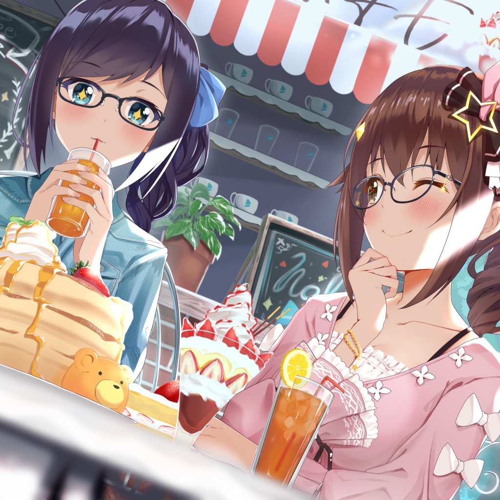 Две девушки сидят в кафе аниме  Виртуальный Ютубер