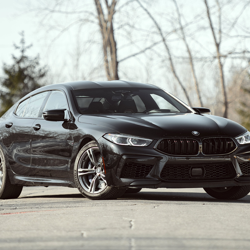 Черный автомобиль BMW M8 в лучах солнца