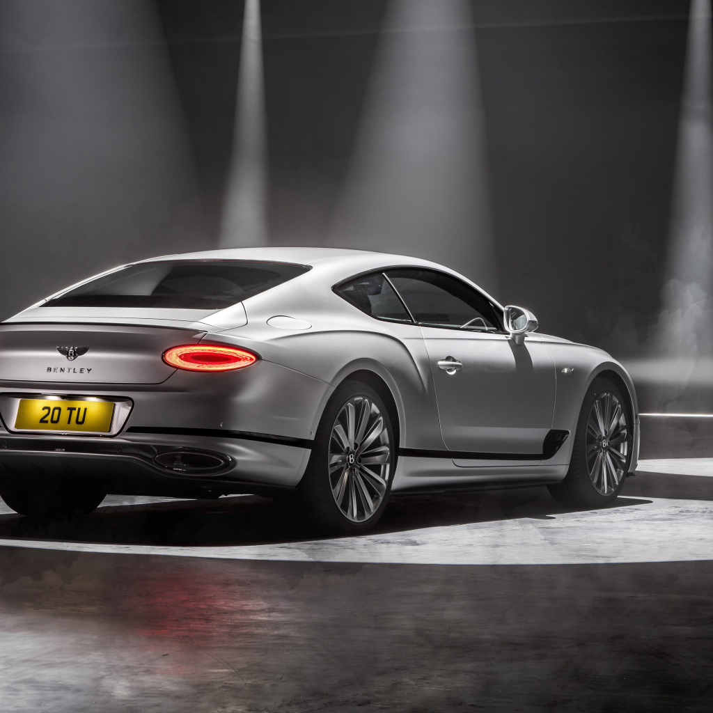 Автомобиль Bentley Continental GT Speed 2021 года вид сзади на сером фоне