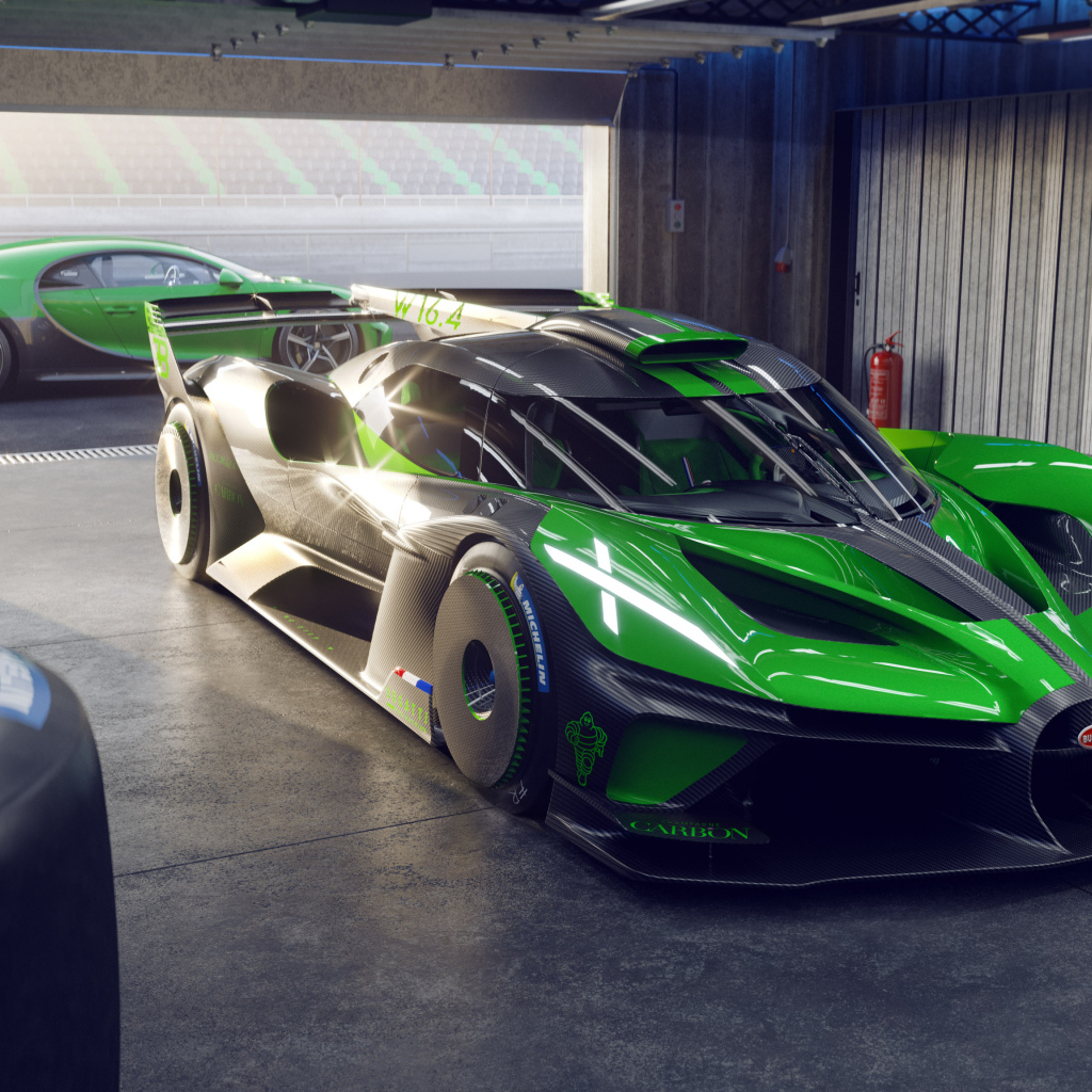 Зеленый гоночный автомобиль Bugatti Bolide 2022 года в гараже