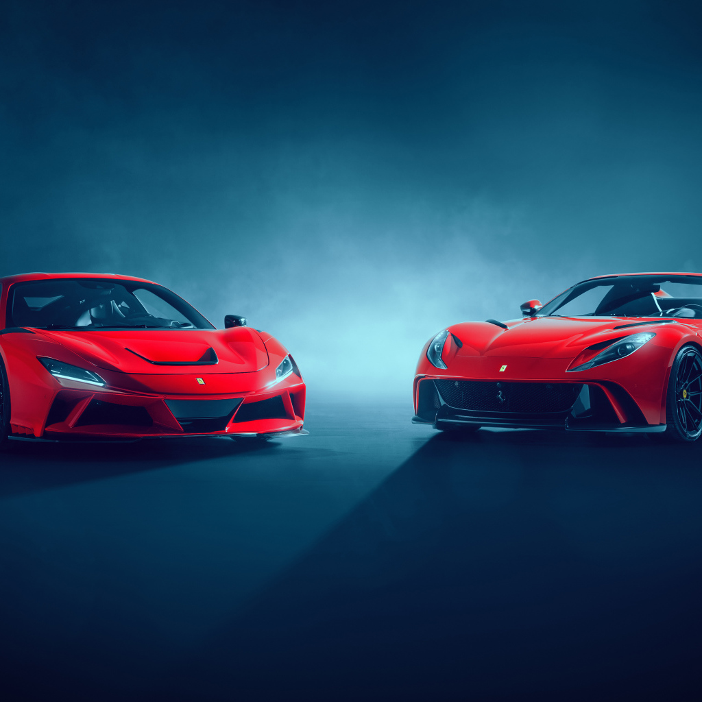 Два красных автомобиля Novitec Ferrari 812 GTS N-Largo 2021 года на сером фоне