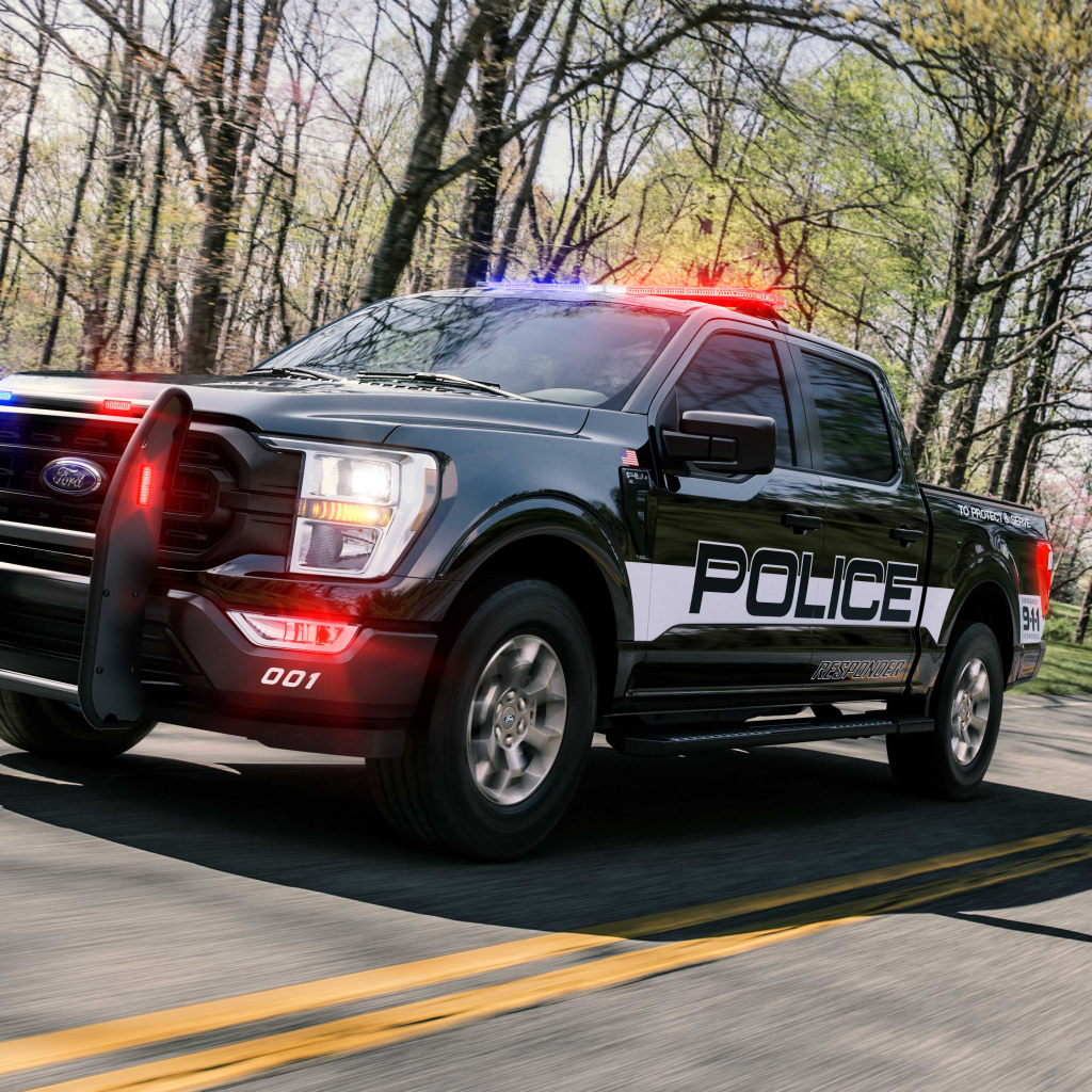 Служебный пикап Ford F-150 , 2021 года на дороге