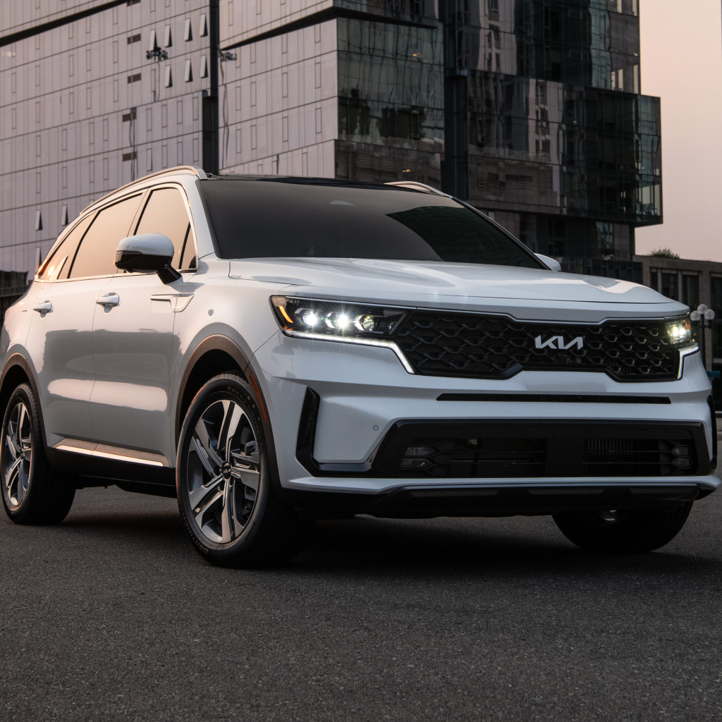 Белый автомобиль  Kia Sorento, 2022 года вид спереди