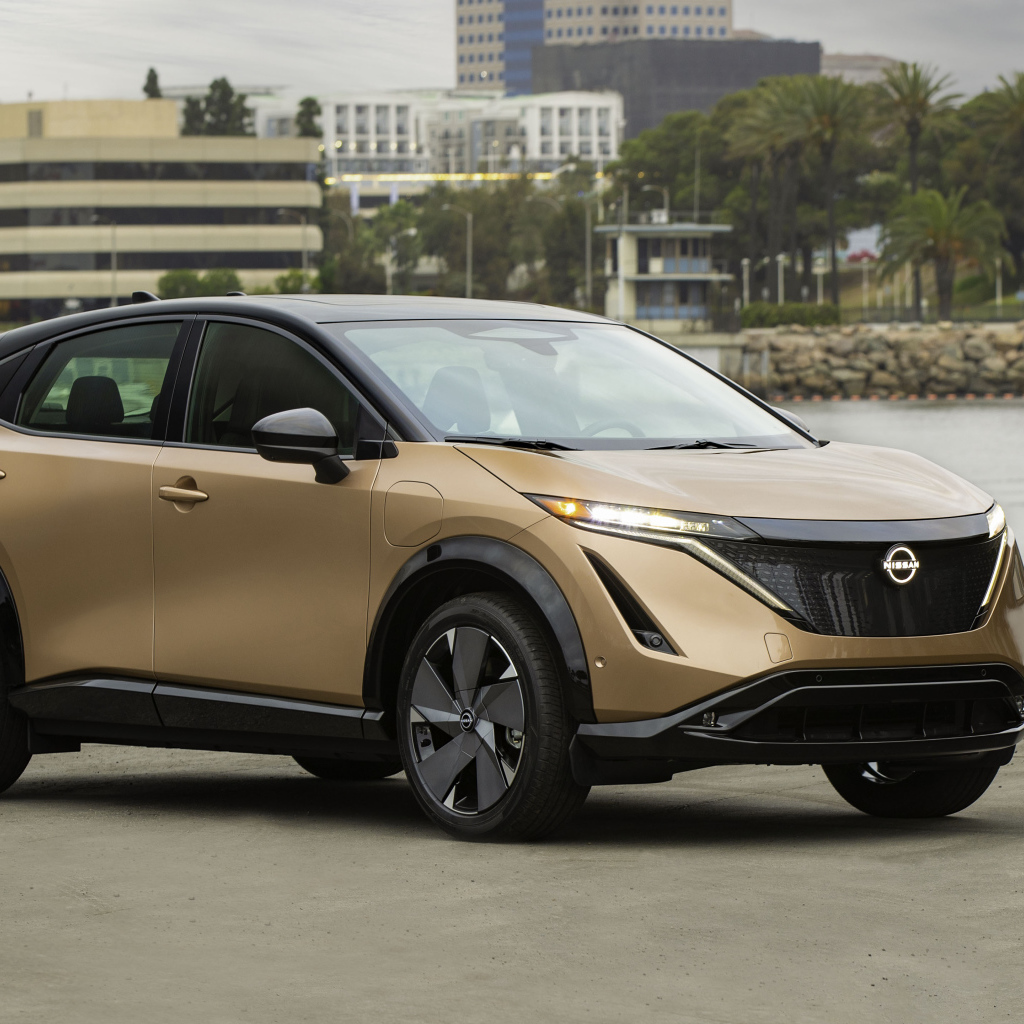 Коричневый автомобиль Nissan Ariya SL E-4orce, 2021 года у воды
