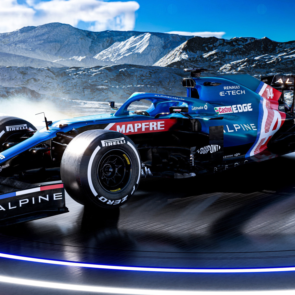 Гоночный Alpine A521 2021 года F1 Car на фоне гор