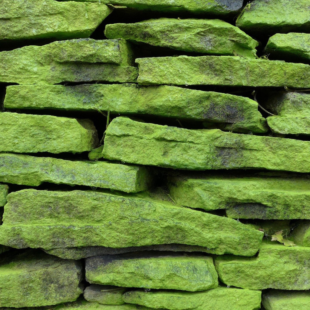 Зеленые покрытые мхом камни на стене, фон 