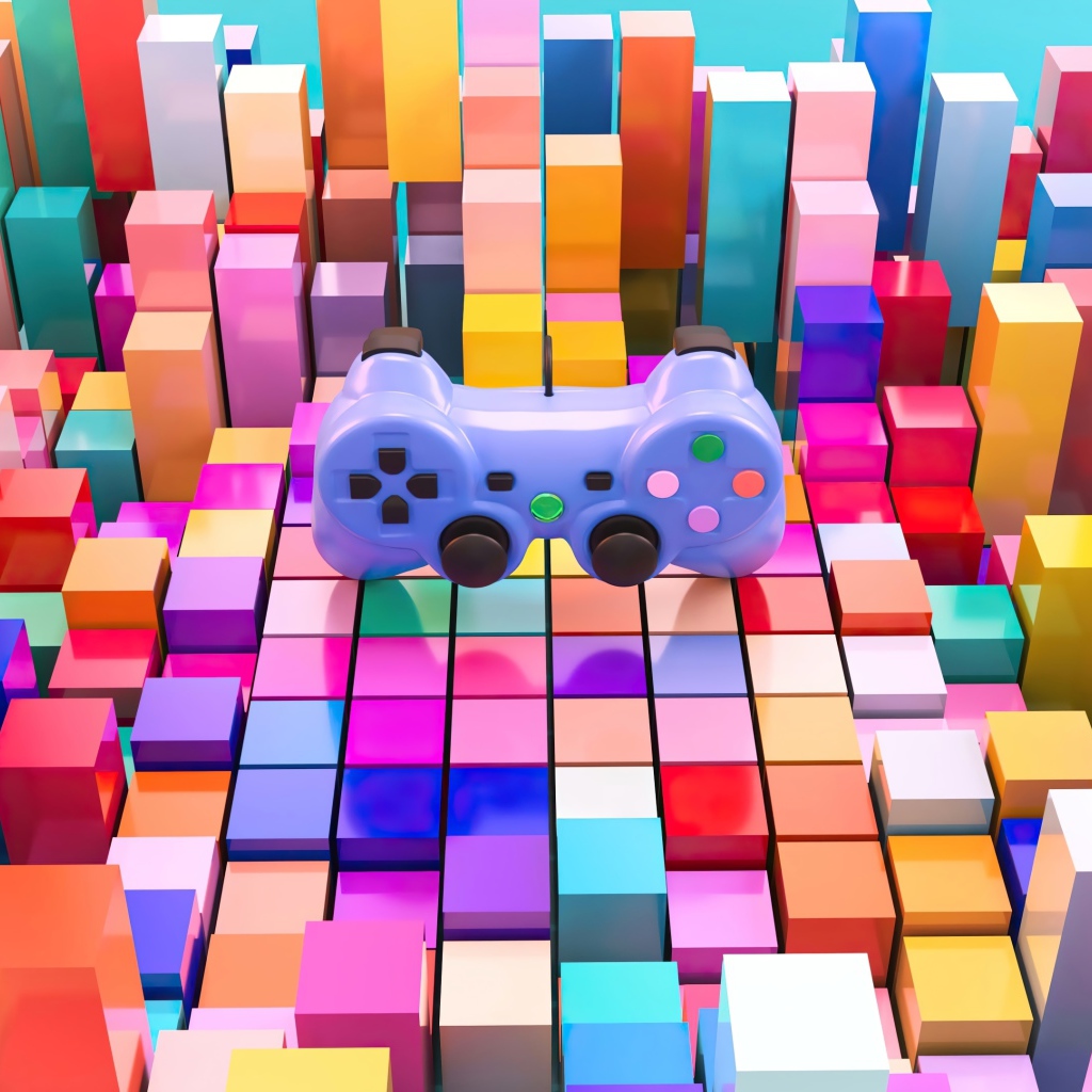 Игровой пульт от приставки Playstation на фоне четырехугольников 