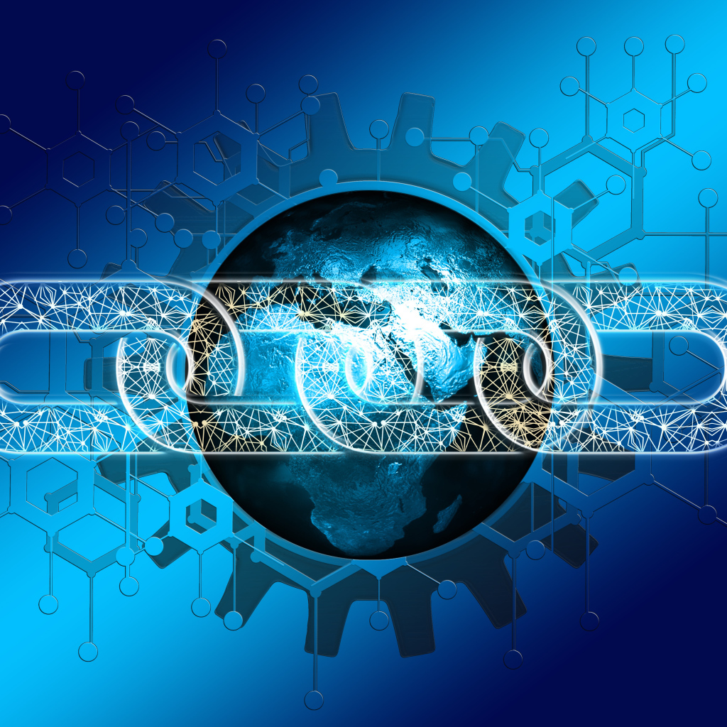 Information chain with planet earth on blue background