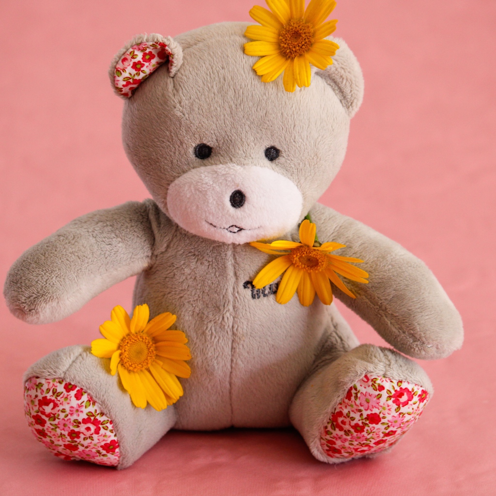 Красивый плюшевый мишка с цветами на розовом фоне