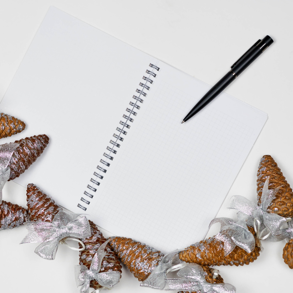 Еловые шишки на столе с блокнотом и ручкой