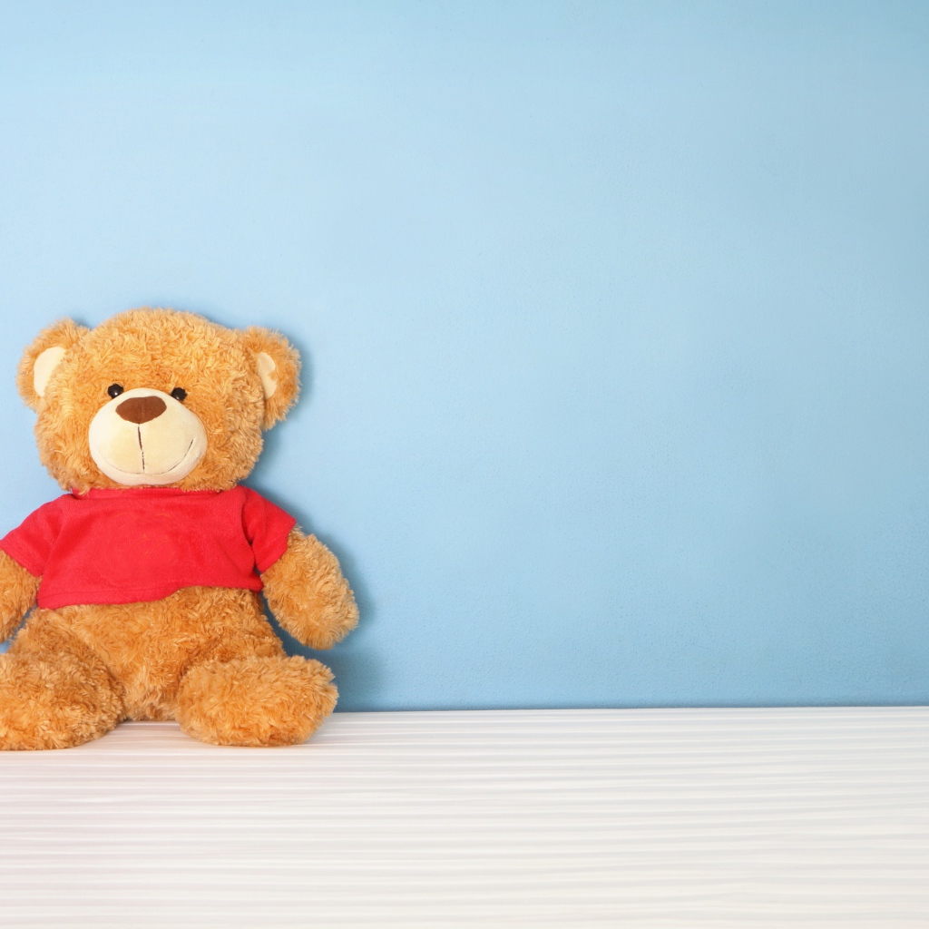Плюшевый мишка на фоне голубой стены
