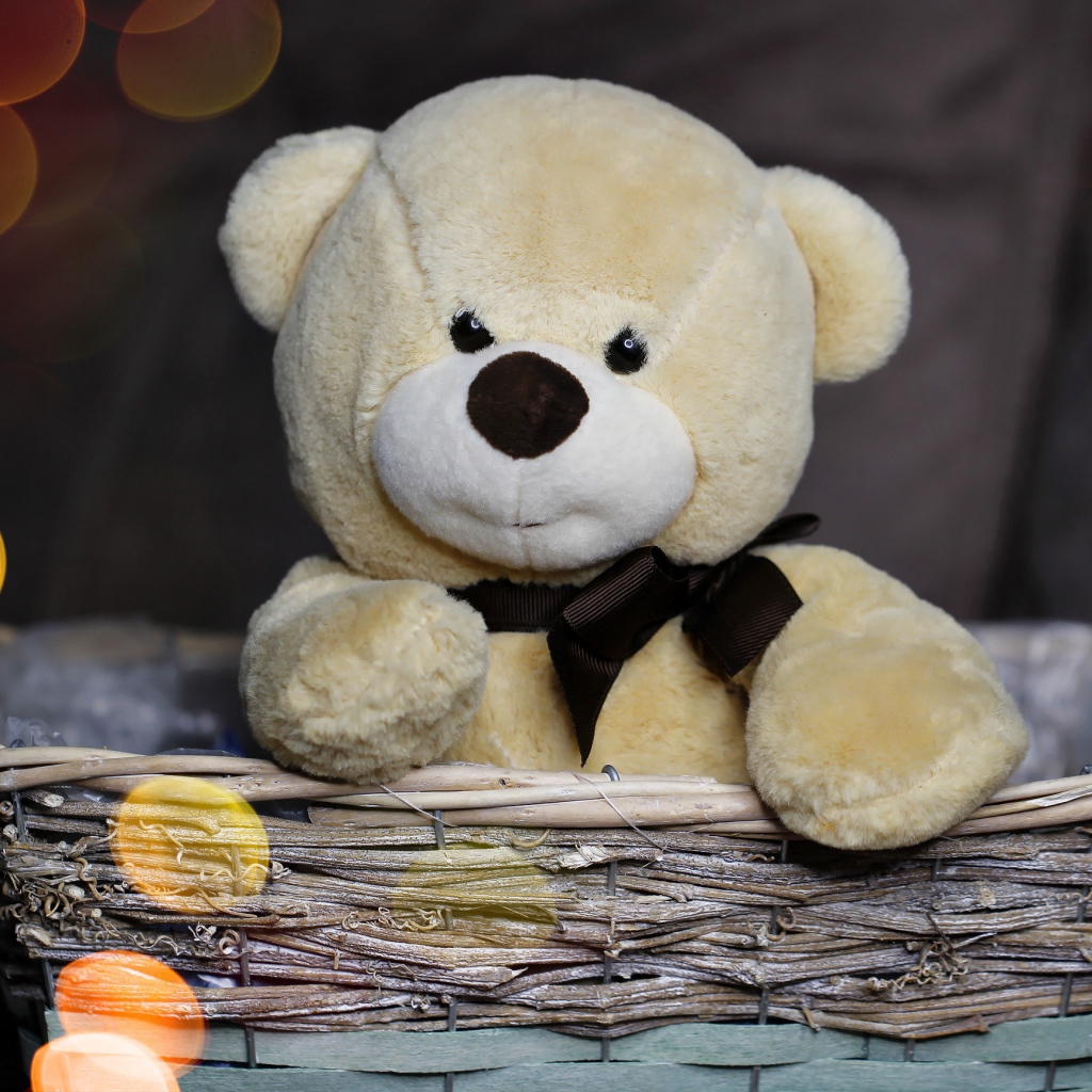 Плюшевый медведь сидит в корзине