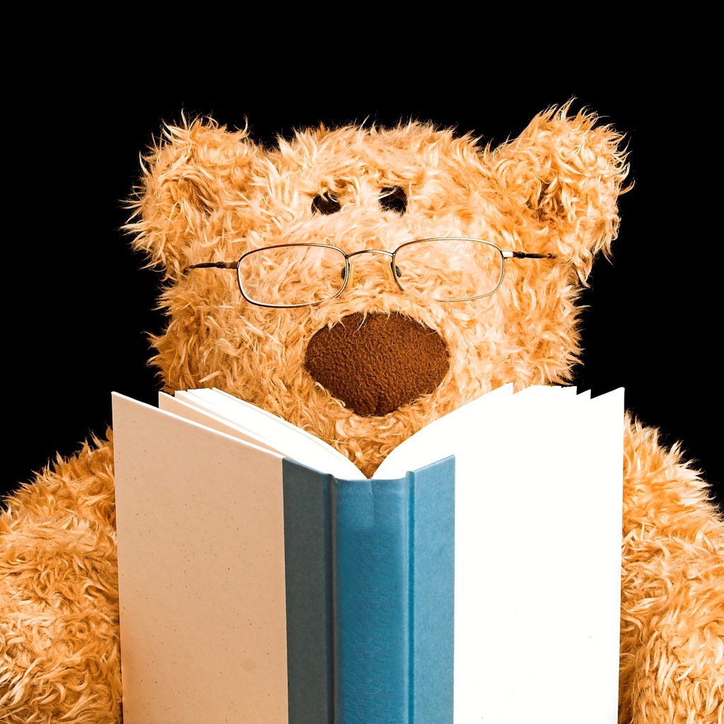 Игрушечный медведь в очках с книгой на черном фоне