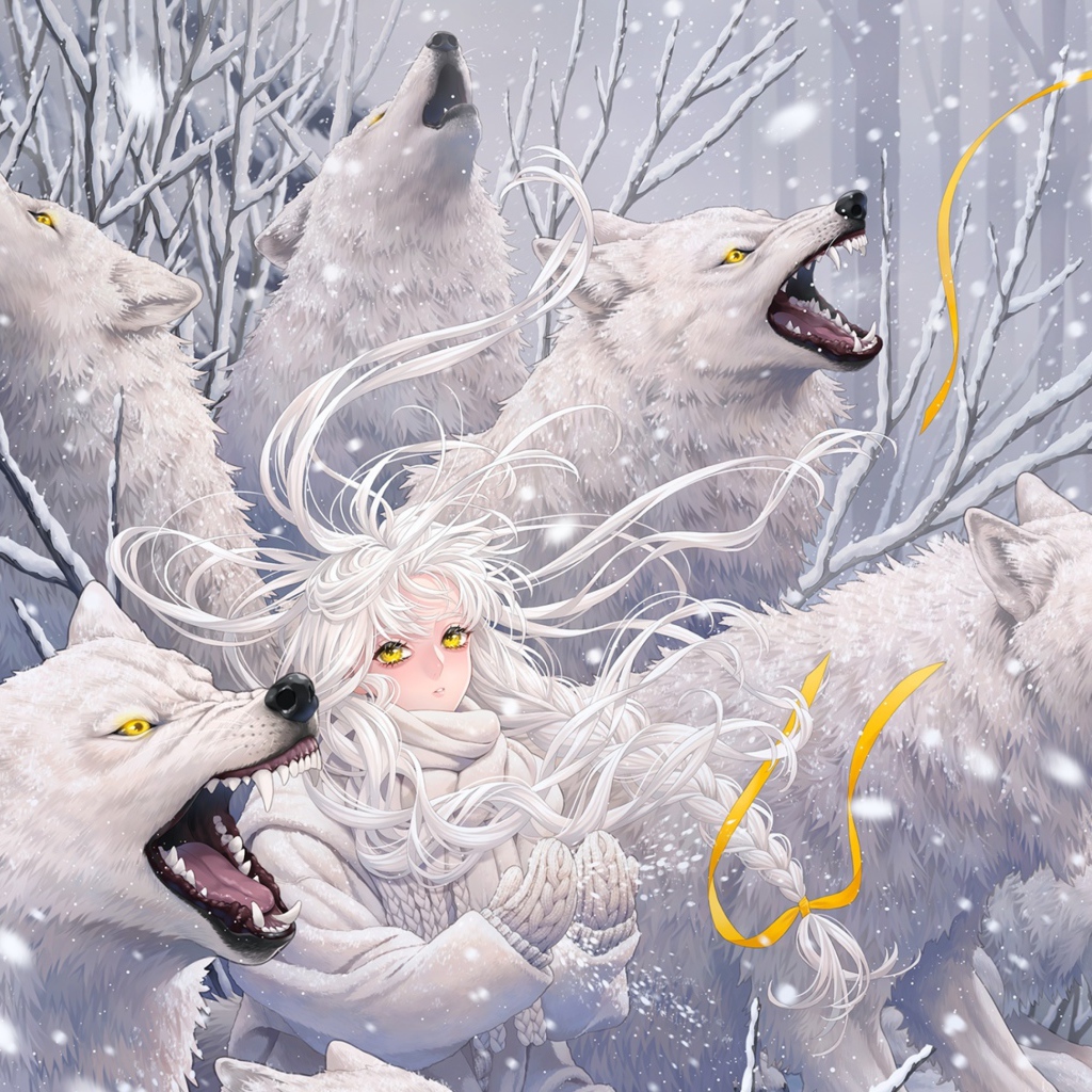 Снежная девушка с белыми волками фэнтези