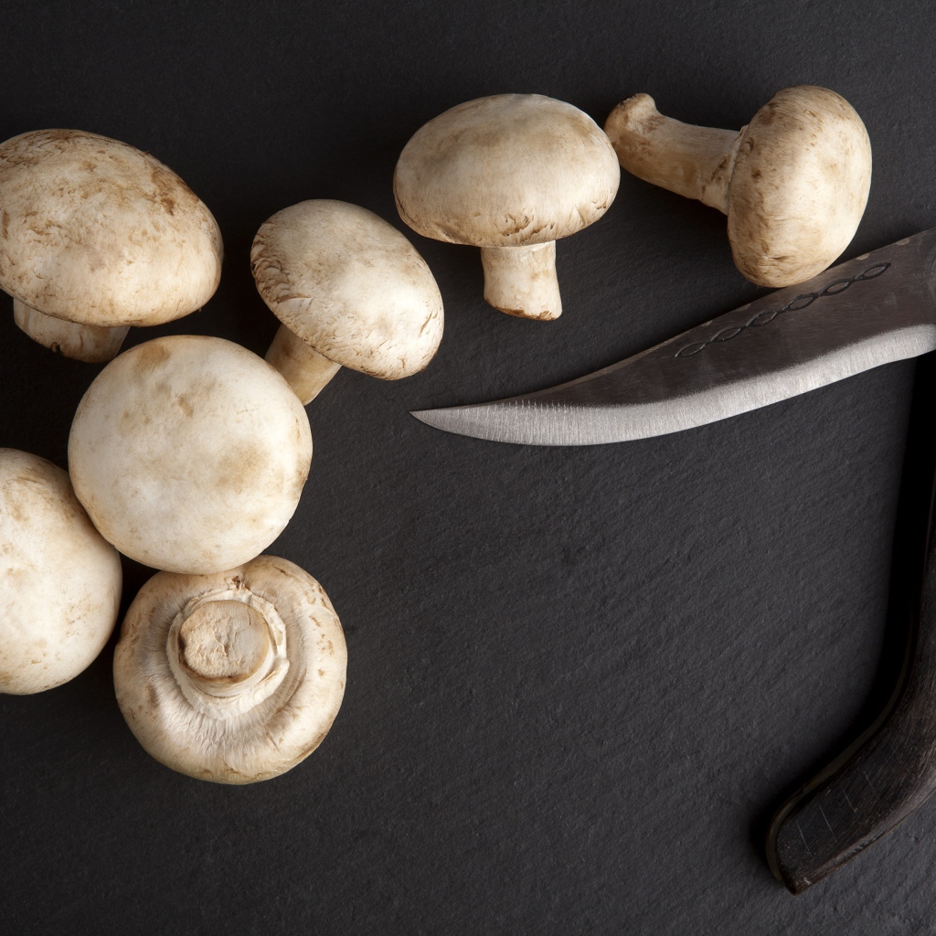 Шампиньоны на сером столе с ножом