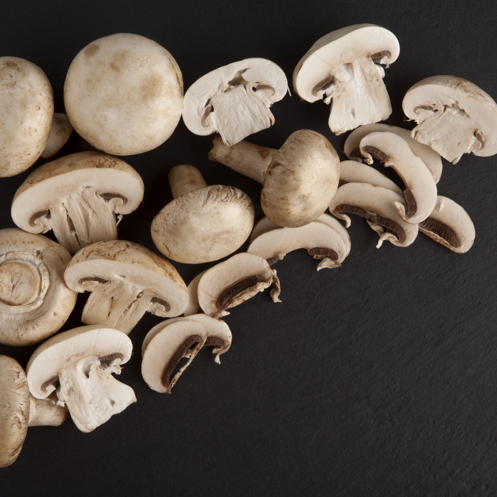 Свежие нарезанные шампиньоны на сером фоне