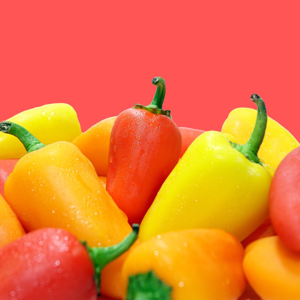 Красный и желтый перец на розовом фоне 