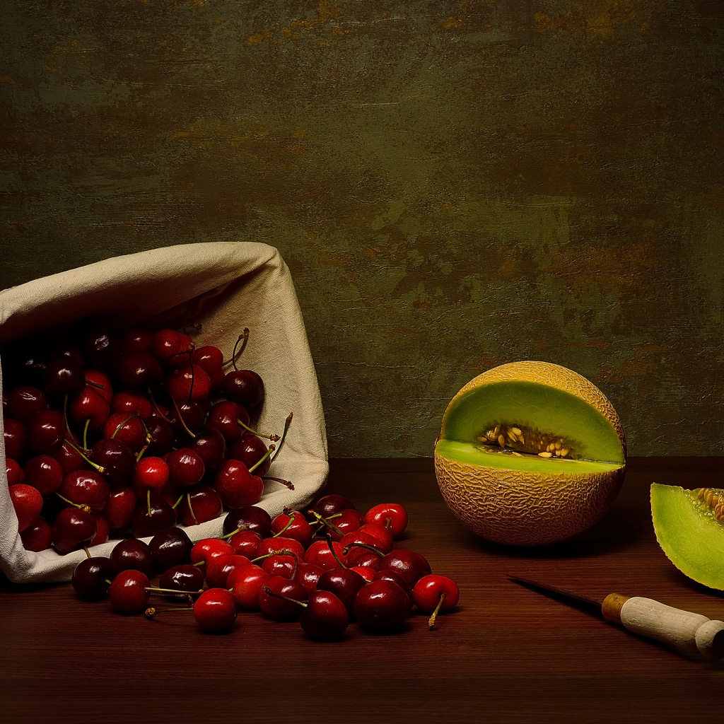 Корзина с черешнями на столе с дыней