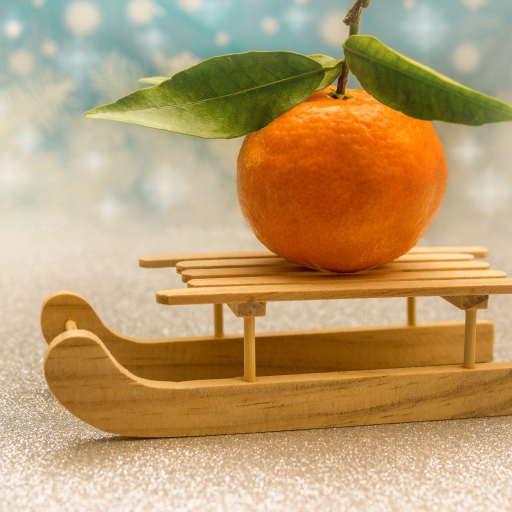 Большой оранжевый мандарин на маленьких санках