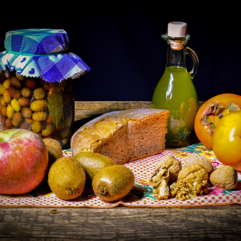 Хлеб с фруктами на столе с вареньем и орехами 