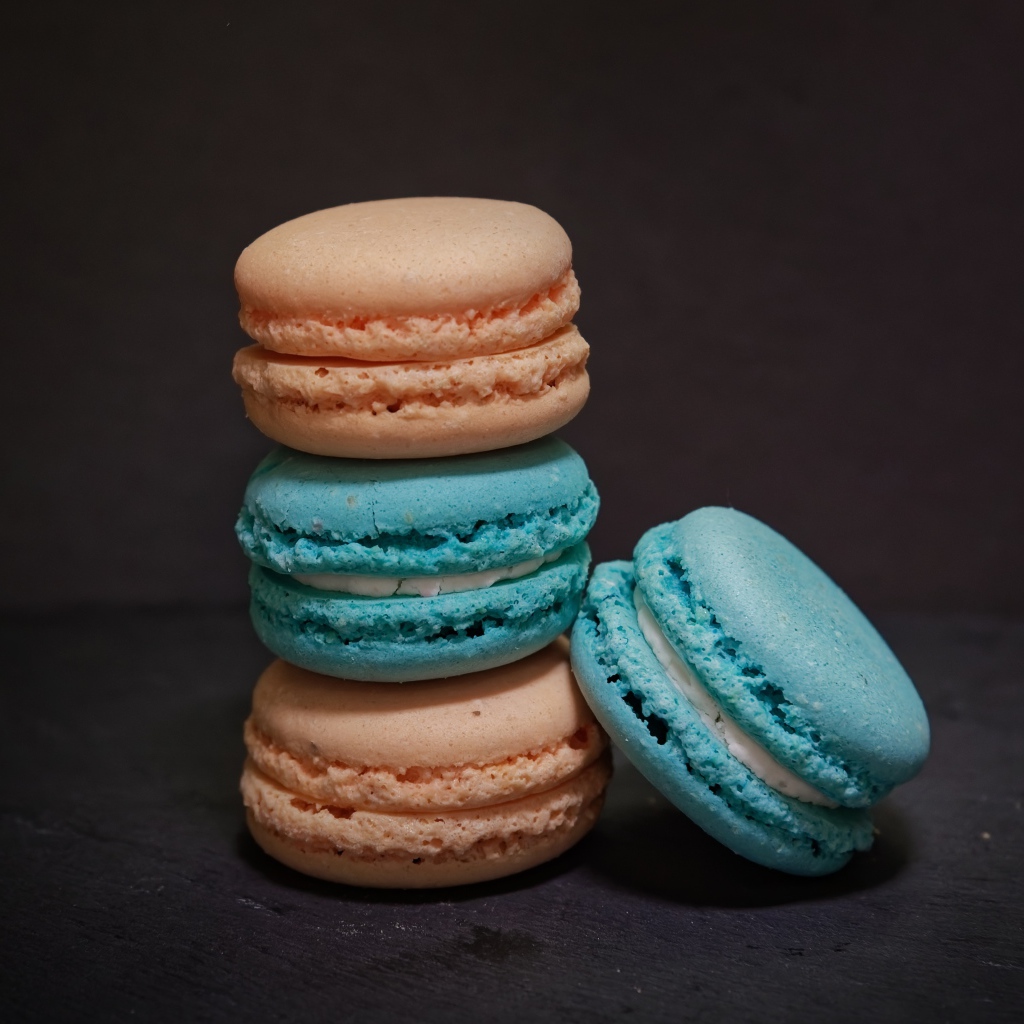 Голубой и коричневый десерт макарун на сером фоне