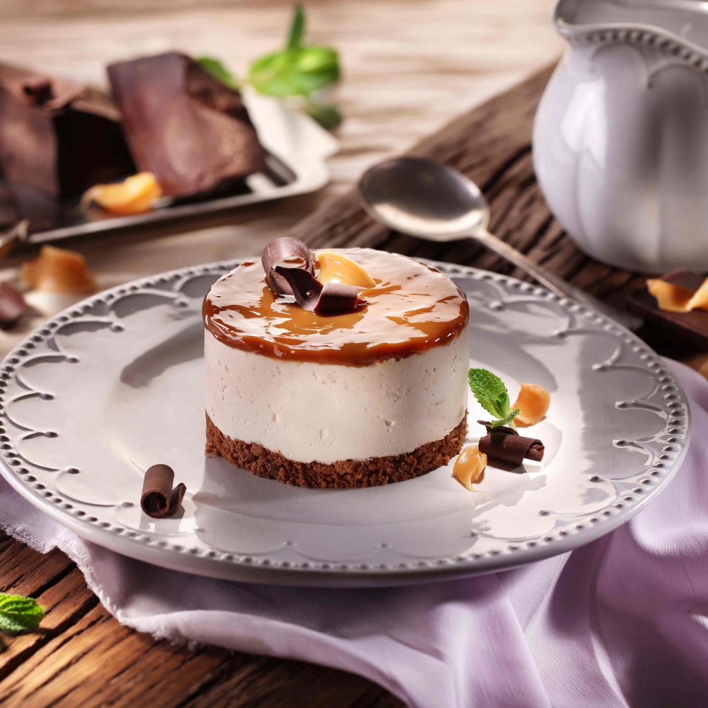 Пирожное на большой круглой тарелке на столе с шоколадом